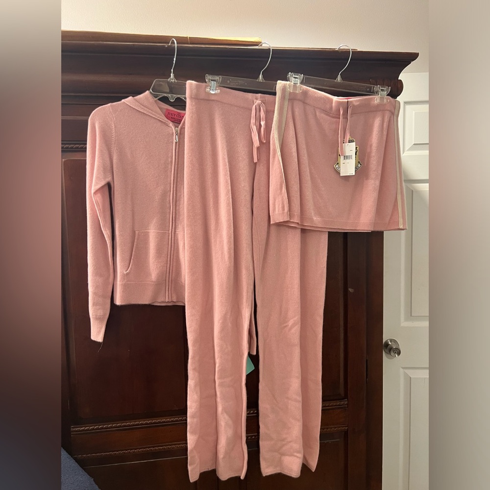 Baby pink Juicy sweater material set with jacket pants and skirt.